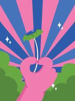 A hand making a heart shape to present a flower with a sunburst background vector