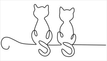 Continuous one line drawing of two happy cats. One line drawing. Cat sitting with curled tail. Continuous one simple single abstract line drawing of cat icon. vector