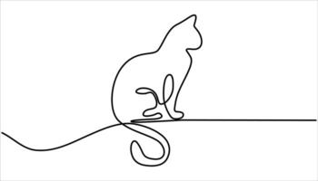Continuous one line drawing of two happy cats. One line drawing. Cat sitting with curled tail vector