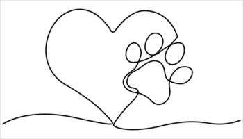 Cat Paw footprint and heart in continuous one line drawing. Paw footprints of dog or cat one line continuous single line animal drawing illustration. vector