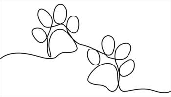 Cat Paw footprint and heart in continuous one line drawing. Paw footprints of dog or cat one line continuous single line animal drawing illustration. Dog or wolf paw one continuous line sketch. vector