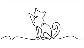 Cat in one continuous line drawing illustration. One line drawing. Cat sitting with curled tail. Continuous one simple single abstract line drawing of cat icon. vector
