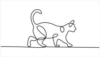 One line drawing. Cat sitting with curled tail. Continuous one simple single abstract line drawing of cat icon. vector