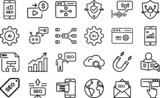 Search Engine Optimization Of Technology Editable Stroke Style Icons Web Development, Strategy, Optimization And More. Pictograms And Infographic Illustration vector