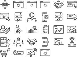 Simple Search Engine Optimization Of Technology Icons In Editable Stroke Style Web Development, Strategy, Optimization And More. Pictograms And Infographic Illustration vector