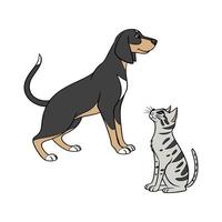 Black and Tan Coonhound and Manx Cat on White vector