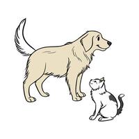 Golden Retriever with Manx Cat on White Background vector