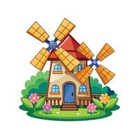 Charming Windmill House with Flower Garden vector