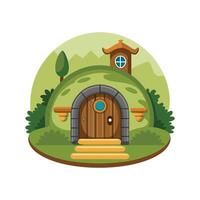 Circular Hobbit House Built into a Small Hill vector