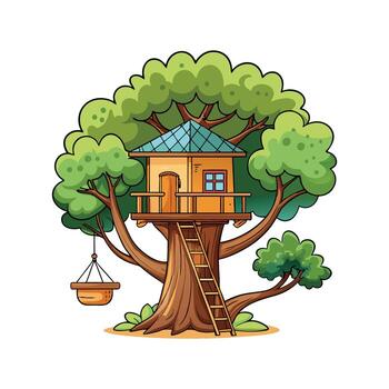 Unique Treehouse with Rope Bridge Illustration vector