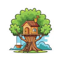 Cartoon Treehouse with Rope Bridge vector
