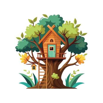 Treehouse Nestled in Tall Branches. vector
