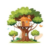 Unique Treehouse with Rope Bridge vector