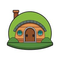 Creative Hobbit House Built into Hill Design. vector