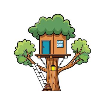 Beautiful Treehouse with Rope Bridge. vector