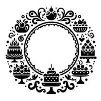 Black and white illustration circular frame adorned with stylized cakes, fruits, and decorative elements, perfect for invitations. vector