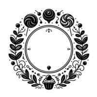 Black and white circular frame featuring candy lollipops, cupcake, and floral wreath elements, ideal for sweetthemed or invitation. vector