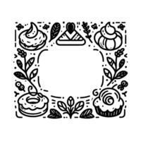 Black and white decorative frame featuring stylized baked goods, leaf elements, and an empty central space for text or design. vector