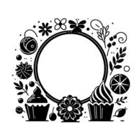 Black and white floral frame with cupcakes, butterflies, and other decorations, with a circle in the center for text or imagery. vector