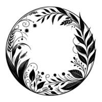 Intricate black and white floral wreath, detailed botanical with leaves, berries, and delicate spirals, centered on a white background, elegant and minimalist vector