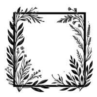 Minimalist black white botanical frame square border with delicate leaf, floral, and branch elements for and decor. vector