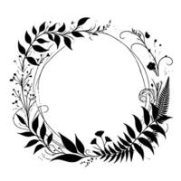 Elegant black and white circular floral frame, featuring leaves, vines, and delicate flower arrangements, ideal for invitations and designs. vector