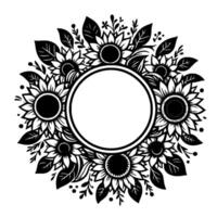Monochromatic floral mandala circular of sunflowers, leaves, and botanical elements surrounding a central blank circle for text or logos. vector