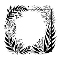 Elegant floral frame a square composition with intricate black botanical elements, featuring leaves, flowers, and delicate details on a neutral background. vector