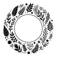Black and white floral wreath with a circular center, composed of leaves, berries and various botanical elements on white background. vector