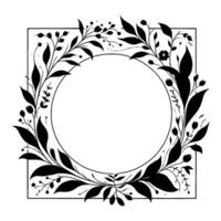 Elegant black and white botanical frame circular empty space enclosed by leaves, berries, delicate floral detail, square outline vector