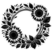 Elegant black and white sunflower wreath with floral elements, perfect for and decoration, on white background. vector