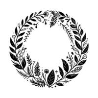 Intricate black and white botanical wreath illustration with leaves, flowers, and delicate foliage on a clean white background. vector