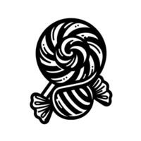 Artistic black and white line art depiction of a swirly lollipop with a wrapped candy, set against a plain white background. vector