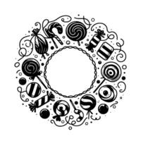 Whimsical black and white candy circle lollipops, candies, and swirls framing an empty center on white. vector