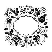 Black and white candy frame a sweet treat border with lollipops, candies, and decorative foliage, perfect for text or design. vector