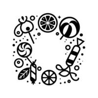 Whimsical black and white circular arrangement of various candies, citrus slices, and embellishments, creating a playful and cheerful aesthetic. vector