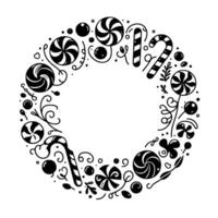 Whimsical black and white candy garland a circle of lollipops, candy canes, and festive sweets, perfect for a festive design. vector
