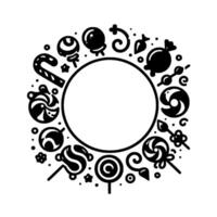 Circular black and white illustration of various candies, lollipops, and sweets forming a frame with a blank circle in the center. vector