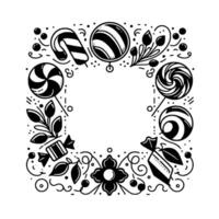 Intricate black white candy frame with lollipops, swirls, candies, and floral elements, forming a decorative border. vector