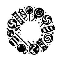 Black and white circular candy arrangement with various lollipops, hard candies, and wrappers, creating a sweet, festive, and design. vector