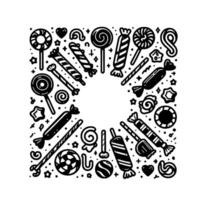 Artistic, monochrome candy and lollipop arrangement in square, featuring varied shapes and details with a blank circular center, playful. vector