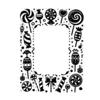 Whimsical black white candy frame a sweet, decorative border filled with lollipops, bows, and sweets, creating a playful, festive design. vector