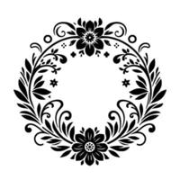 Elegant black and white floral wreath circular of flowers, leaves, and swirls with a central empty space. vector