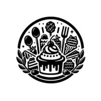 Monochromatic dessert icon a circular arrangement of cakes, ice cream, and sweet treats, with a cupcake centerpiece and a laurel wreath frame. vector