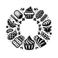 Circular black and white food illustration with various bakery items, floral elements, and a fork, creating a decorative pattern vector
