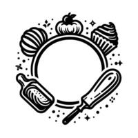 Illustration of baking autumn ingredients surrounding an empty circle with pumpkin, apple, cupcake tools. vector