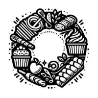Circular monochrome bakery illustration featuring cupcakes, apple, pastries, and baking tools in a whimsical style. vector