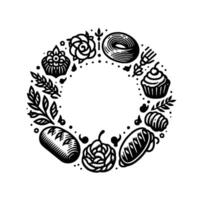 Stylized black and white circular wreath design, featuring bread, pastries, leaves, and decorative elements, with negative space at its center. vector