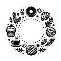A delightful monochrome circular illustration of a cafe scene, featuring pastries, drinks, and decorative elements. vector