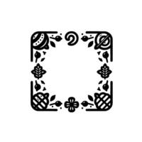Black and white ornamental square border with stylized floral and botanical elements in minimalist on white background. vector
